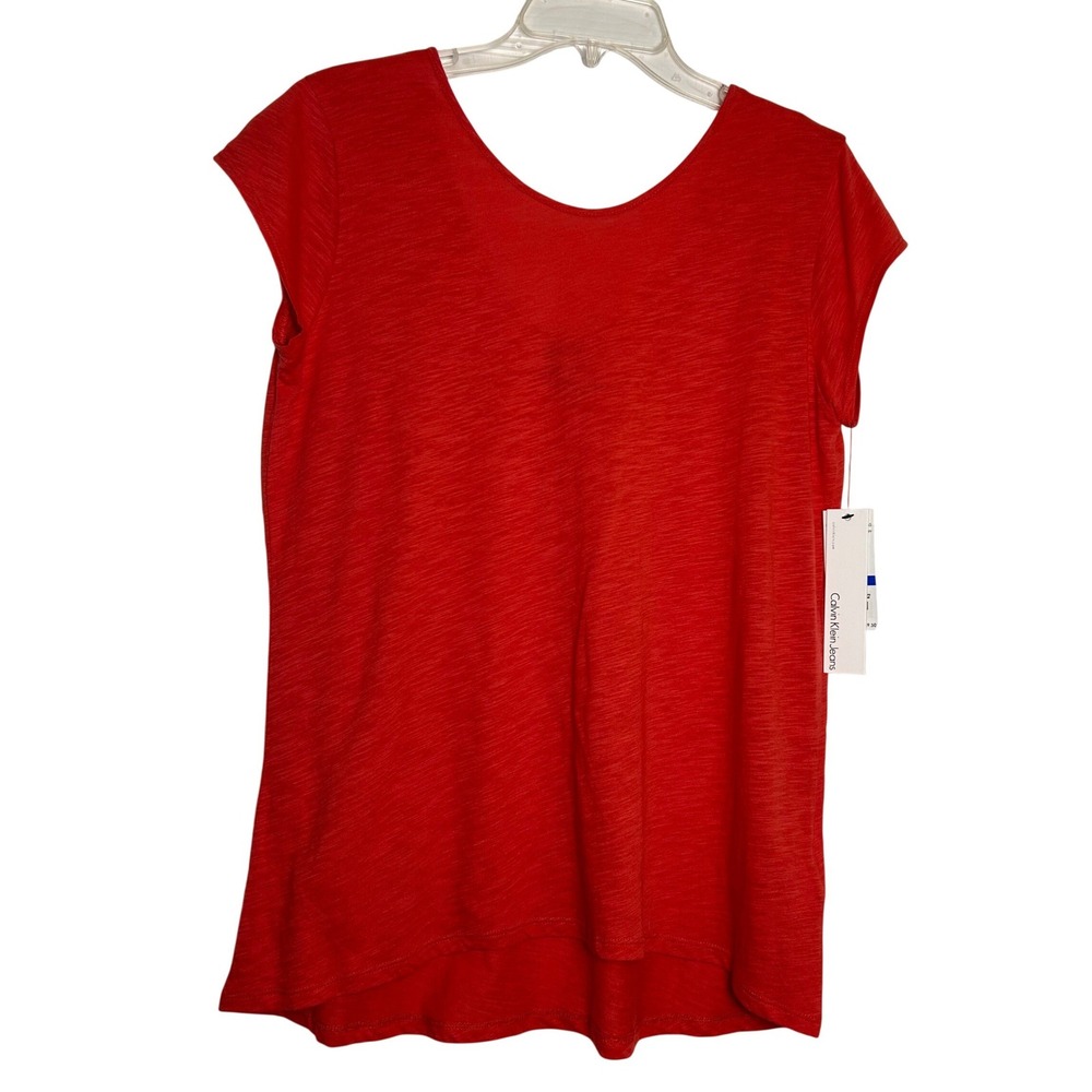 Calvin Klein Jeans Women's Red Scoop Neck Cap Sleeve T-Shirt Top XL NWT‎